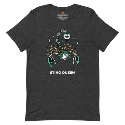 Dark Grey Heather Premium Scorpion Tee featuring The Sting Queen graphic on the chest - Cool Graphic Scorpion Tees - Boozy Fox