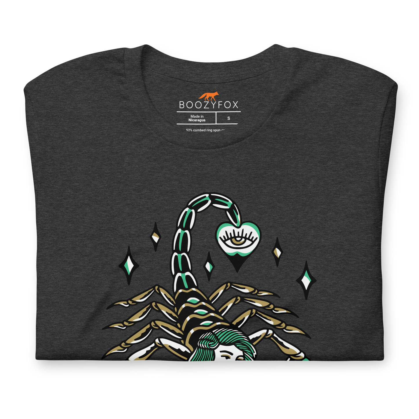 Front details of a Dark Grey Heather Premium Scorpion Tee featuring The Sting Queen graphic on the chest - Cool Graphic Scorpion Tees - Boozy Fox