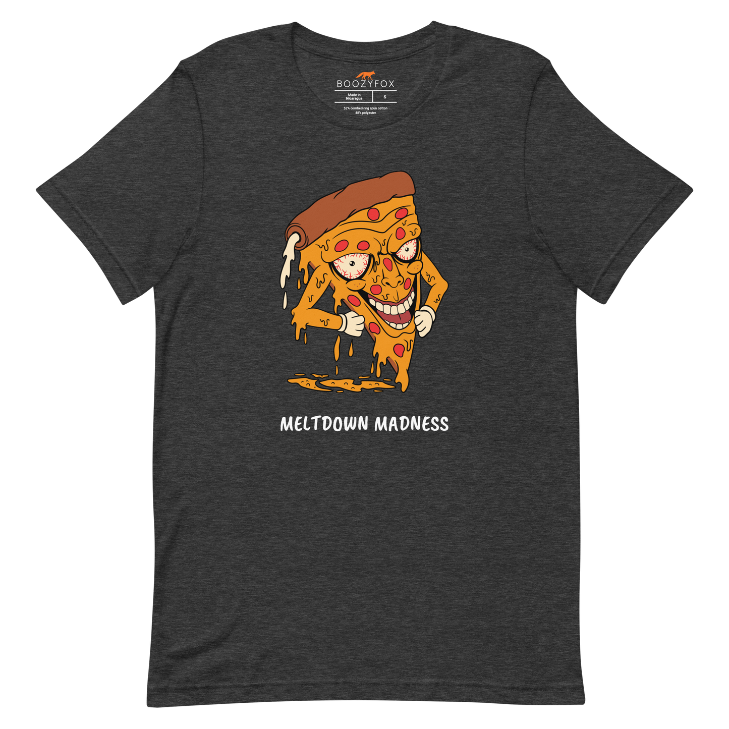 Dark grey Heather Premium Melting Pizza Tee featuring a Meltdown Madness graphic on the chest - Funny Graphic Pizza Tees - Boozy Fox