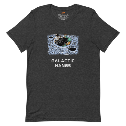 Dark Grey Heather Premium Galactic Hangs Tee featuring an out-of-this-world graphic of an Astronaut and Alien Chilling Together - Funny Graphic Space Tees - Boozy Fox