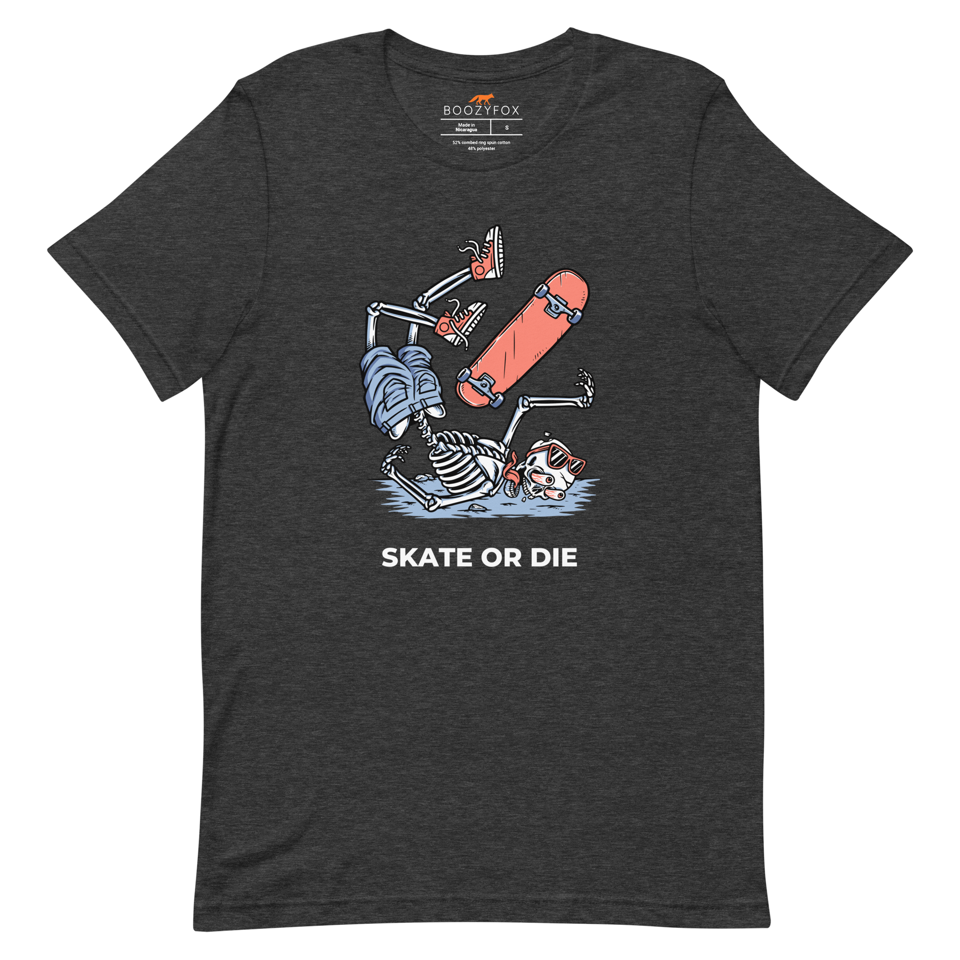 Dark Grey Heather Premium Skate or Die Tee featuring a daring Skeleton Falling While Skateboarding graphic on the chest - Funny Graphic Skeleton Tees - Boozy Fox
