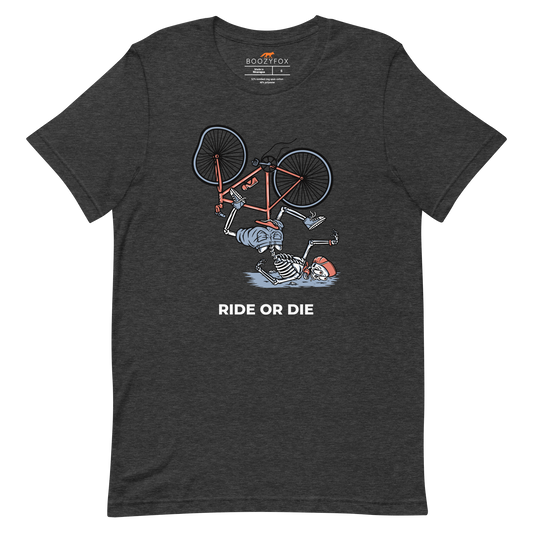 Dark Grey Heather Premium Ride or Die Tee featuring a bold Skeleton Falling While Riding a Bicycle graphic on the chest - Funny Graphic Skeleton Tees - Boozy Fox