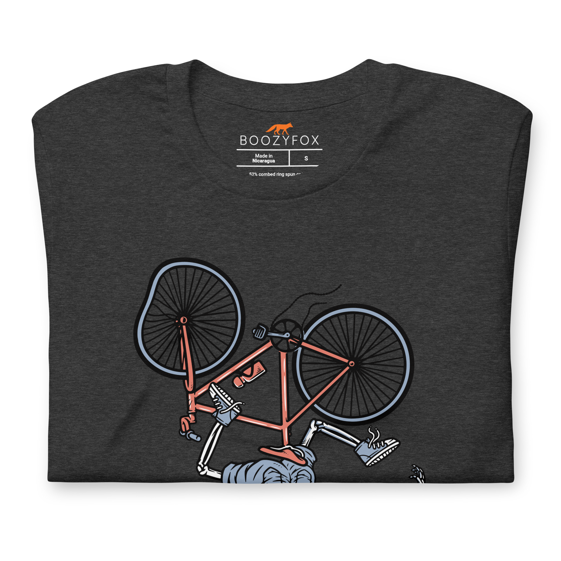 Front details of a Dark Grey Heather Premium Ride or Die Tee featuring a bold Skeleton Falling While Riding a Bicycle graphic on the chest - Funny Graphic Skeleton Tees - Boozy Fox