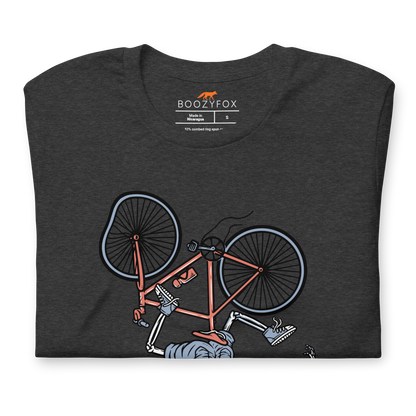 Front details of a Dark Grey Heather Premium Ride or Die Tee featuring a bold Skeleton Falling While Riding a Bicycle graphic on the chest - Funny Graphic Skeleton Tees - Boozy Fox