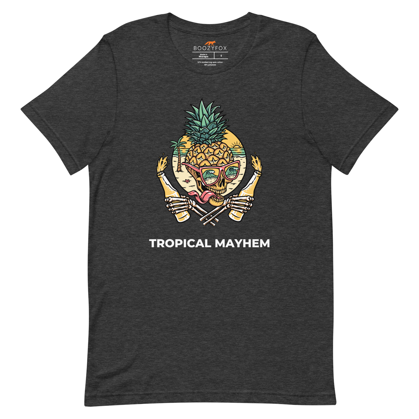 Dark Grey Heather Premium Tropical Mayhem Tee featuring a Crazy Pineapple Skull graphic on the chest - Funny Graphic Pineapple Tees - Boozy Fox