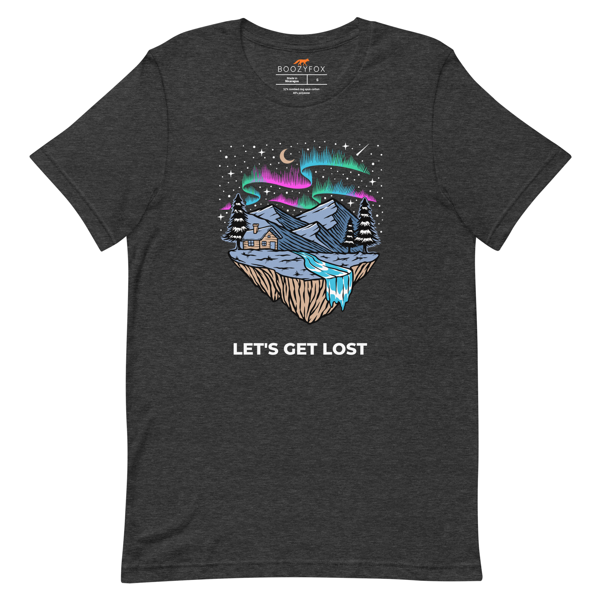 Dark Grey Heather Premium Let's Get Lost Tee featuring a mesmerizing night sky, adorned with stars and aurora borealis graphic on the chest - Cool Graphic Northern Lights Tees - Boozy Fox