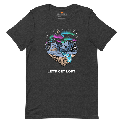 Dark Grey Heather Premium Let's Get Lost Tee featuring a mesmerizing night sky, adorned with stars and aurora borealis graphic on the chest - Cool Graphic Northern Lights Tees - Boozy Fox