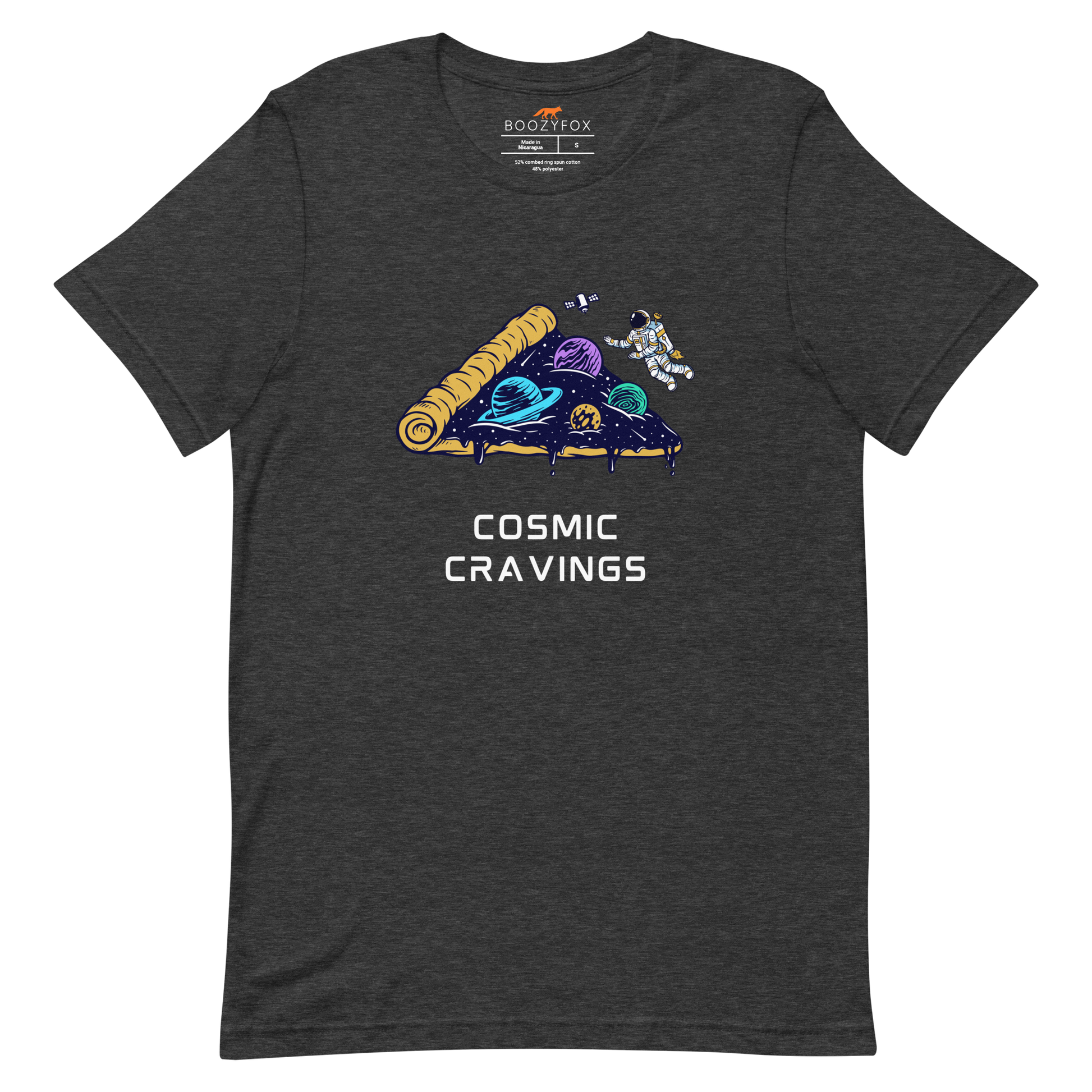 Dark Grey Heather Premium Cosmic Cravings Tee featuring an Astronaut Exploring a Pizza Universe graphic on the chest - Funny Graphic Space Tees - Boozy Fox