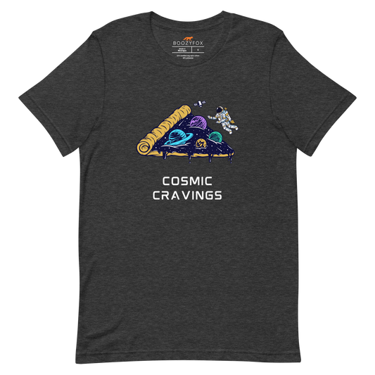 Dark Grey Heather Premium Cosmic Cravings Tee featuring an Astronaut Exploring a Pizza Universe graphic on the chest - Funny Graphic Space Tees - Boozy Fox