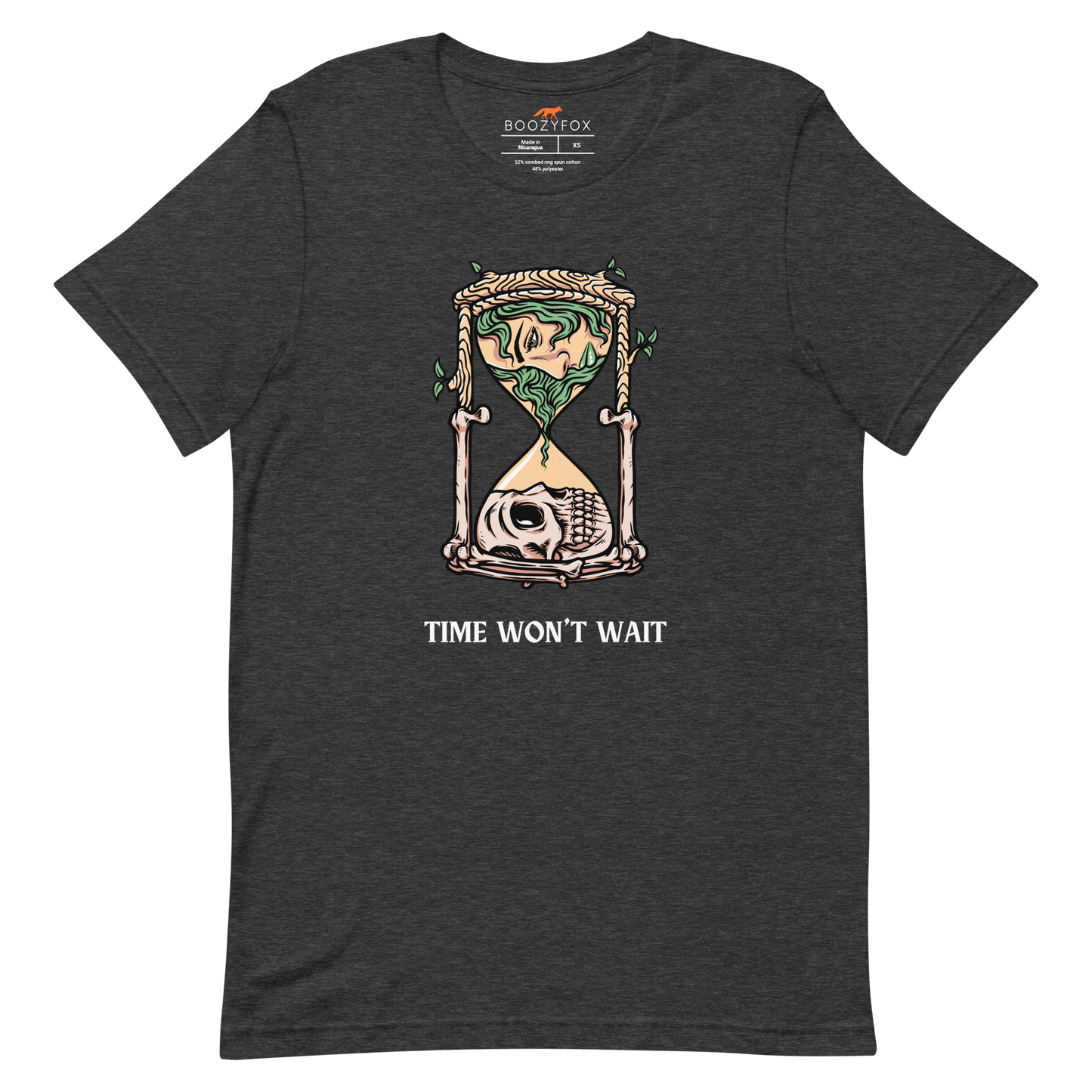 Dark Grey Heather Premium Hourglass Tee featuring a captivating Time Won't Wait graphic on the chest - Cool Graphic Hourglass Tees - Boozy Fox