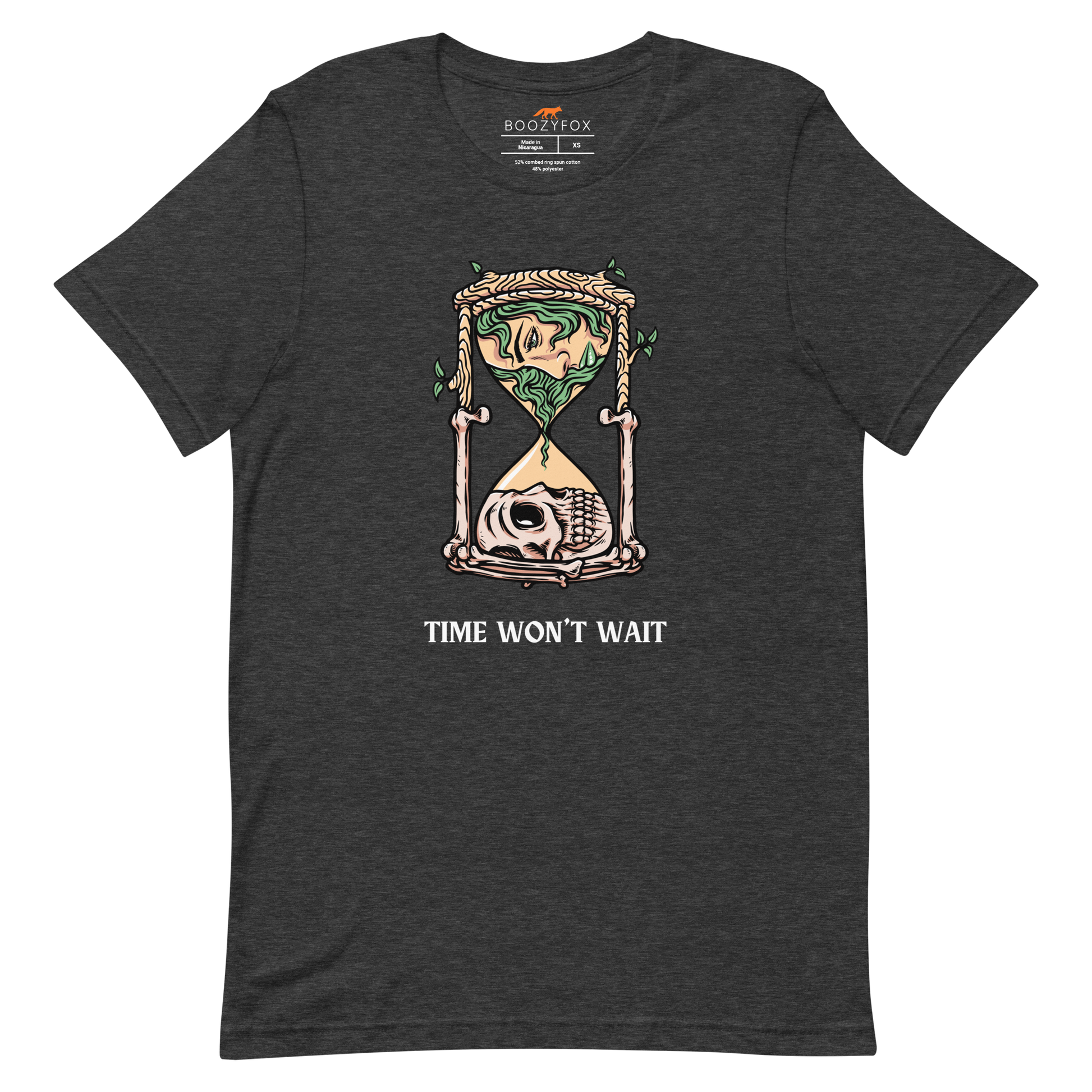 Dark Grey Heather Premium Hourglass Tee featuring a captivating Time Won't Wait graphic on the chest - Cool Graphic Hourglass Tees - Boozy Fox