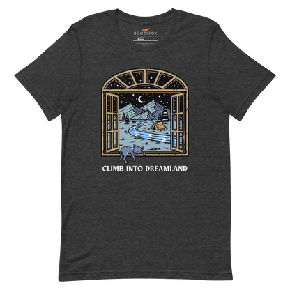 Dark Grey Heather Premium Climb Into Dreamland Tee featuring a mesmerizing mountain view graphic on the chest - Cool Graphic Nature Tees - Boozy Fox