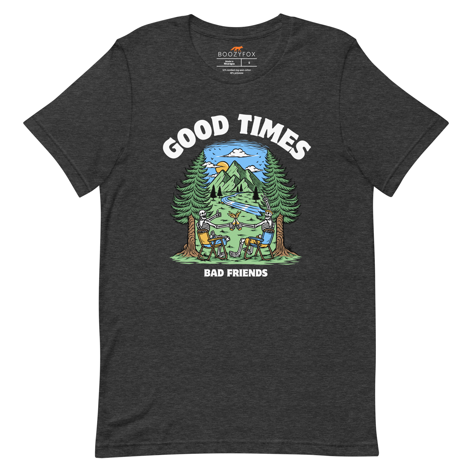Dark Grey Heather Premium Good Times Bad Friends Tee featuring a lively graphic of friends enjoying a beer in nature - Funny Graphic Nature Tees - Boozy Fox