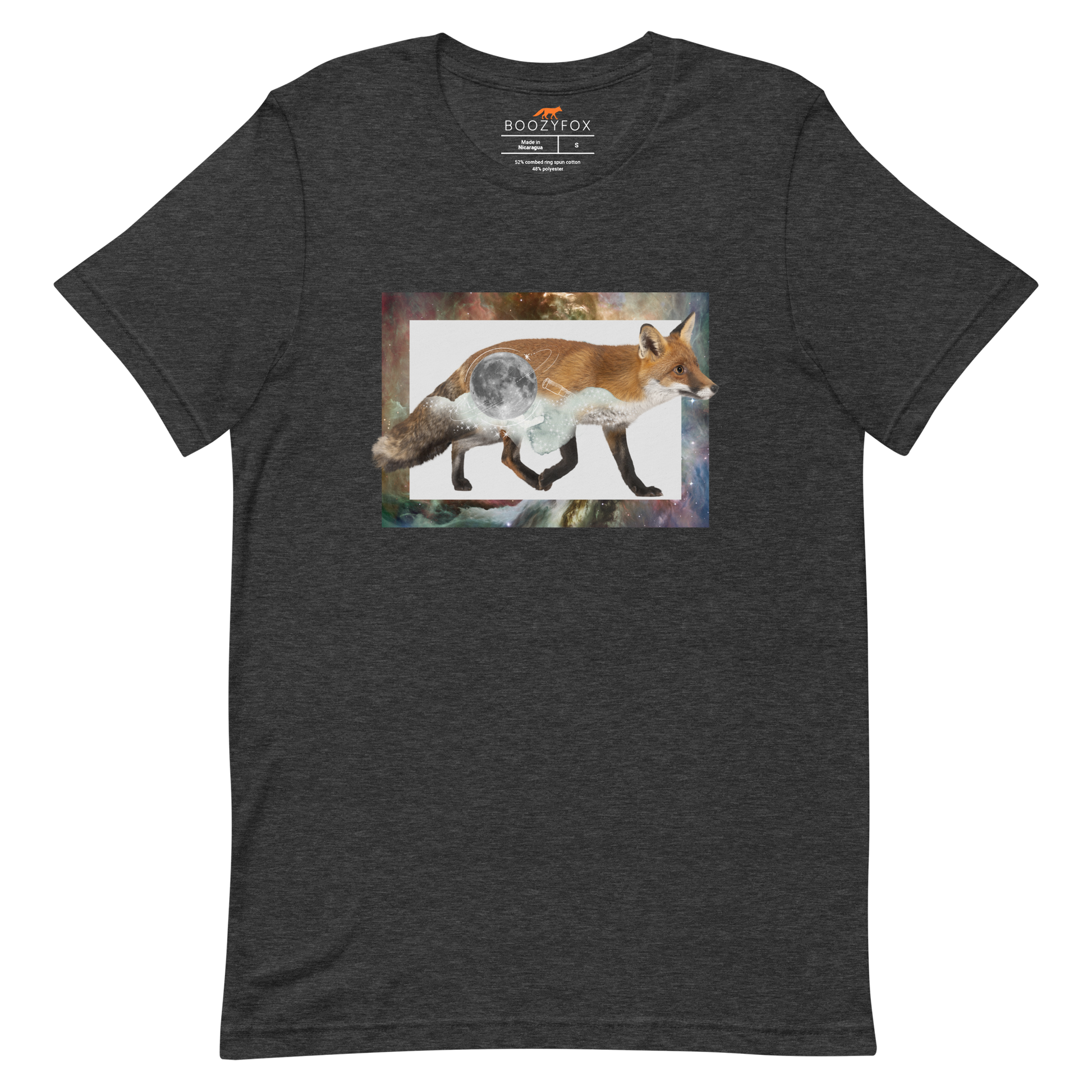 Dark Grey Heather Premium Fox T-Shirt featuring a stellar Space Fox graphic on the chest - Cool Graphic Fox Tees - Boozy Fox
