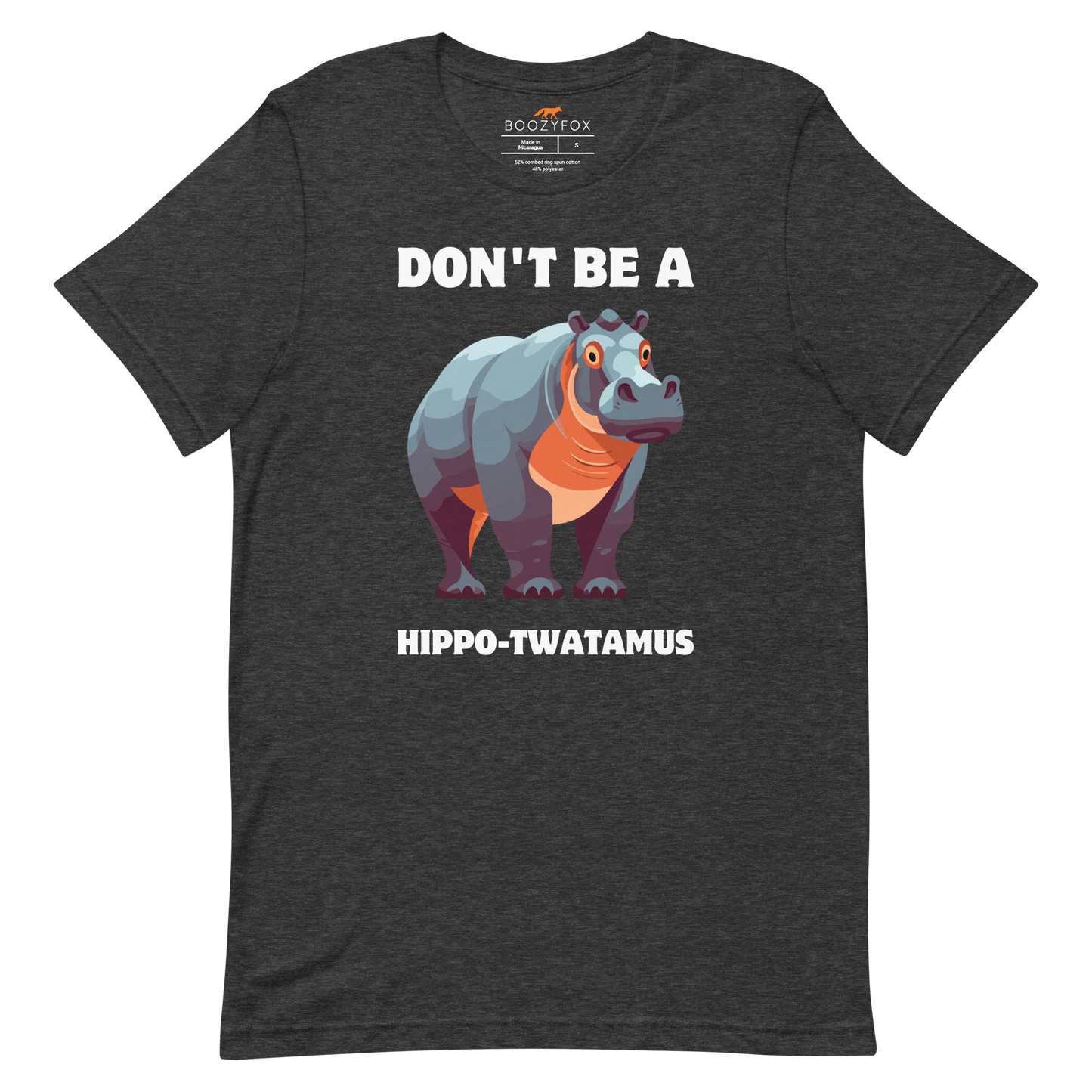 Dark Grey Heather Premium Hippo Tee featuring a Don't Be a Hippo-Twatamus graphic on the chest - Funny Graphic Hippo Tees - Boozy Fox