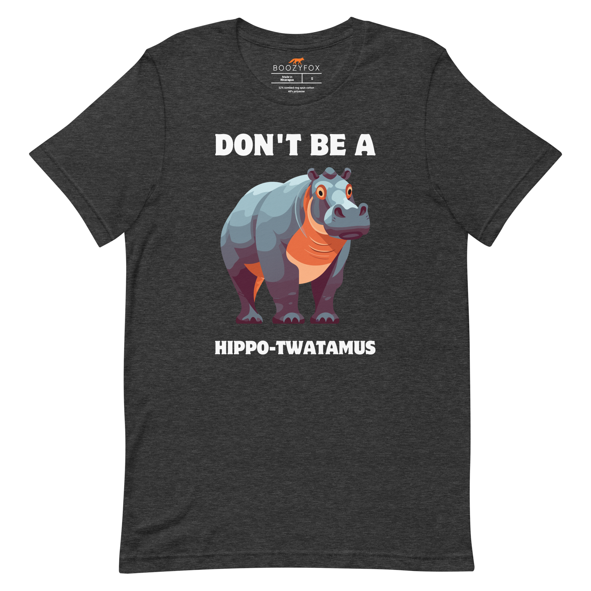 Dark Grey Heather Premium Hippo Tee featuring a Don't Be a Hippo-Twatamus graphic on the chest - Funny Graphic Hippo Tees - Boozy Fox
