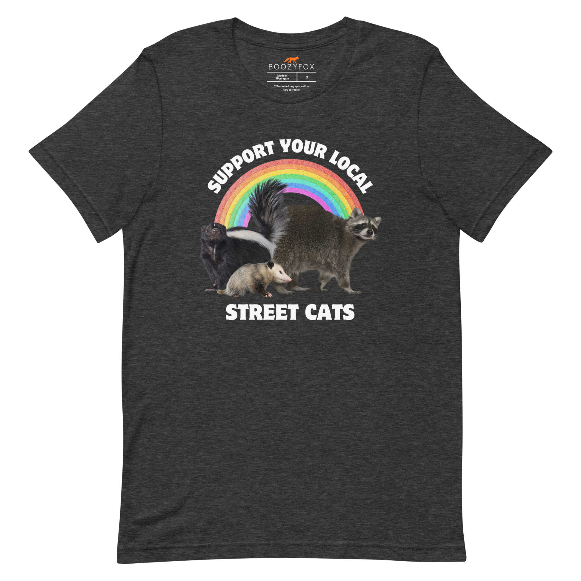 Dark Grey Heather Premium Street Cats Tee featuring a funny 'Support Your Local Street Cats' graphic on the chest - Funny Graphic Animal Tees - Boozy Fox