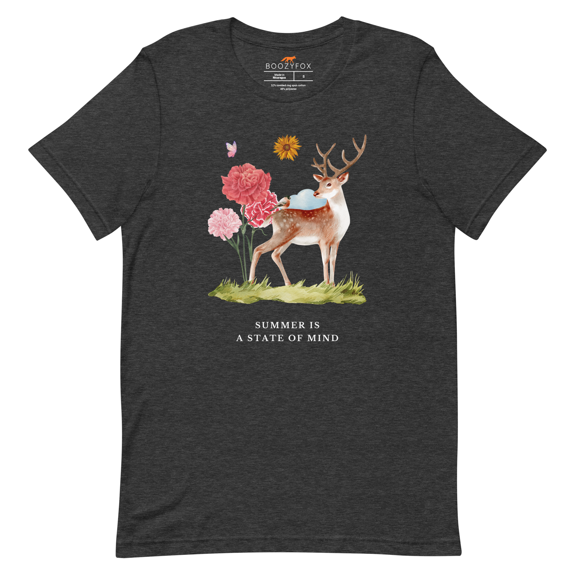 Dark Grey Heather Premium Summer Is a State of Mind Tee featuring a Summer Is a State of Mind graphic on the chest - Cute Graphic Summer Tees - Boozy Fox