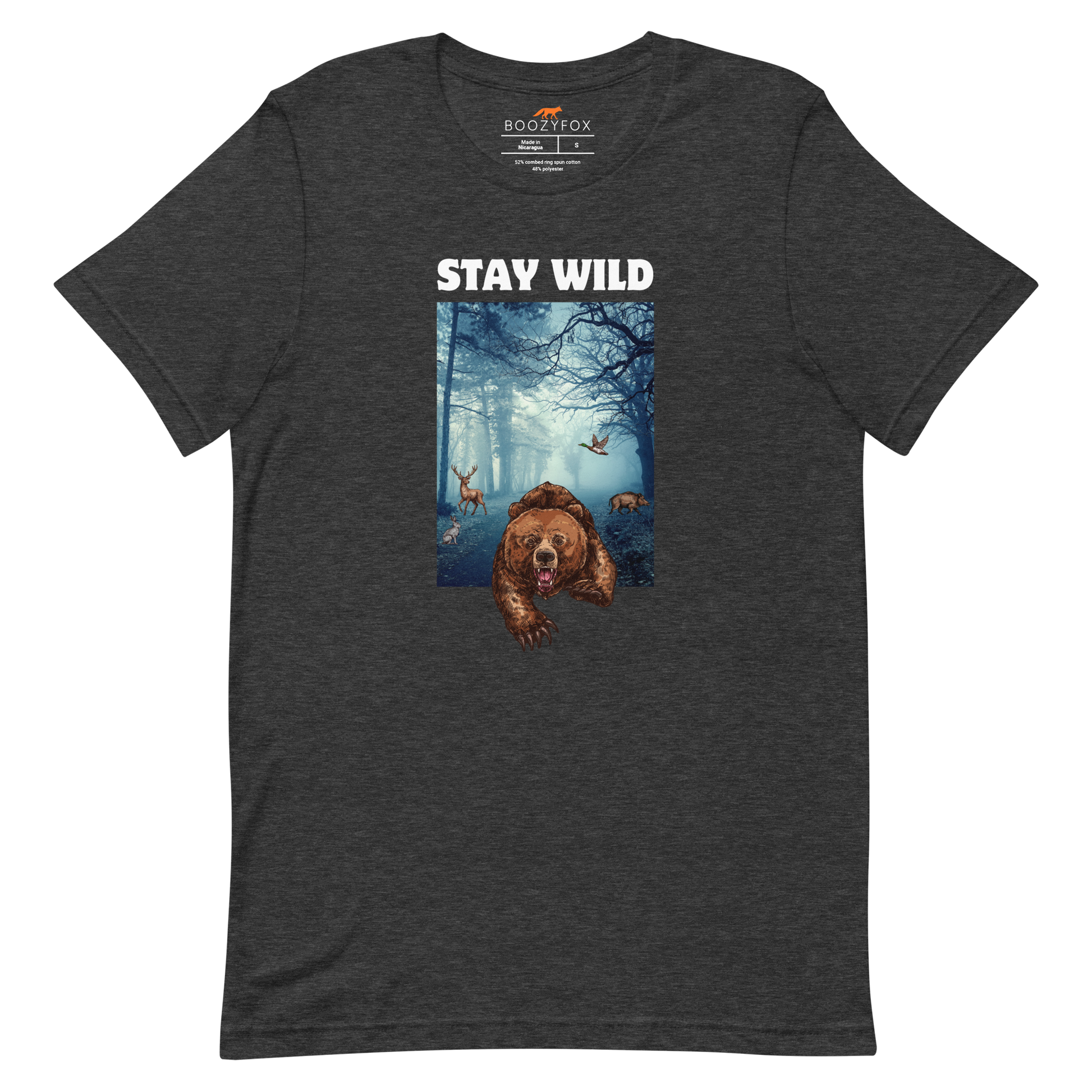 Dark Grey Heather Premium Bear Tee featuring a Stay Wild graphic on the chest - Cool Graphic Bear Tees - Boozy Fox