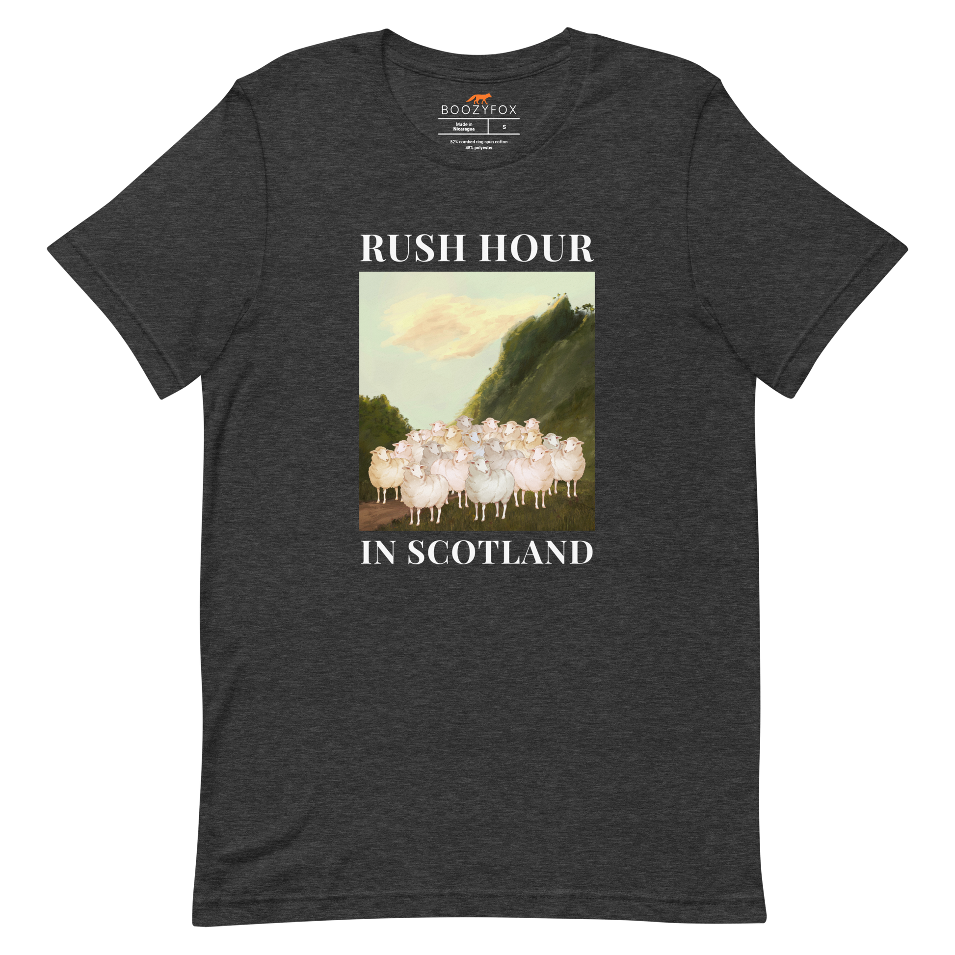 Dark Grey Heather Premium Sheep T-Shirt featuring a comical Rush Hour In Scotland graphic on the chest - Artsy/Funny Graphic Sheep Tees - Boozy Fox