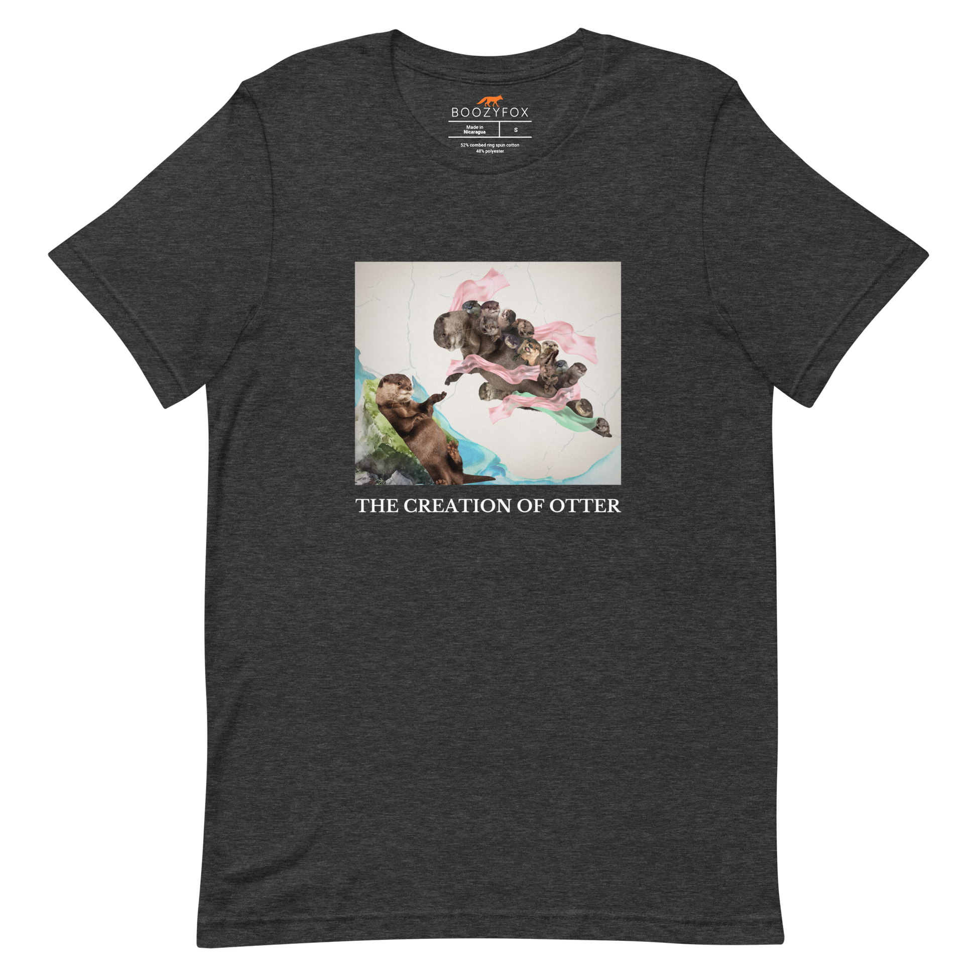 Dark Grey Heather Premium Otter Tee featuring a playful The Creation of Otter parody of Michelangelo's masterpiece - Artsy/Funny Graphic Otter Tees - Boozy Fox