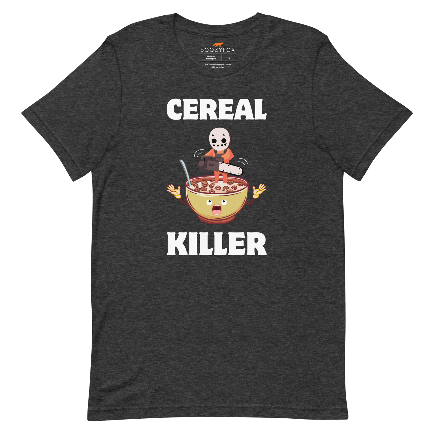Dark Grey Heather Premium Cereal Killer Tee featuring a Cereal Killer graphic on the chest - Funny Graphic Tees - Boozy Fox