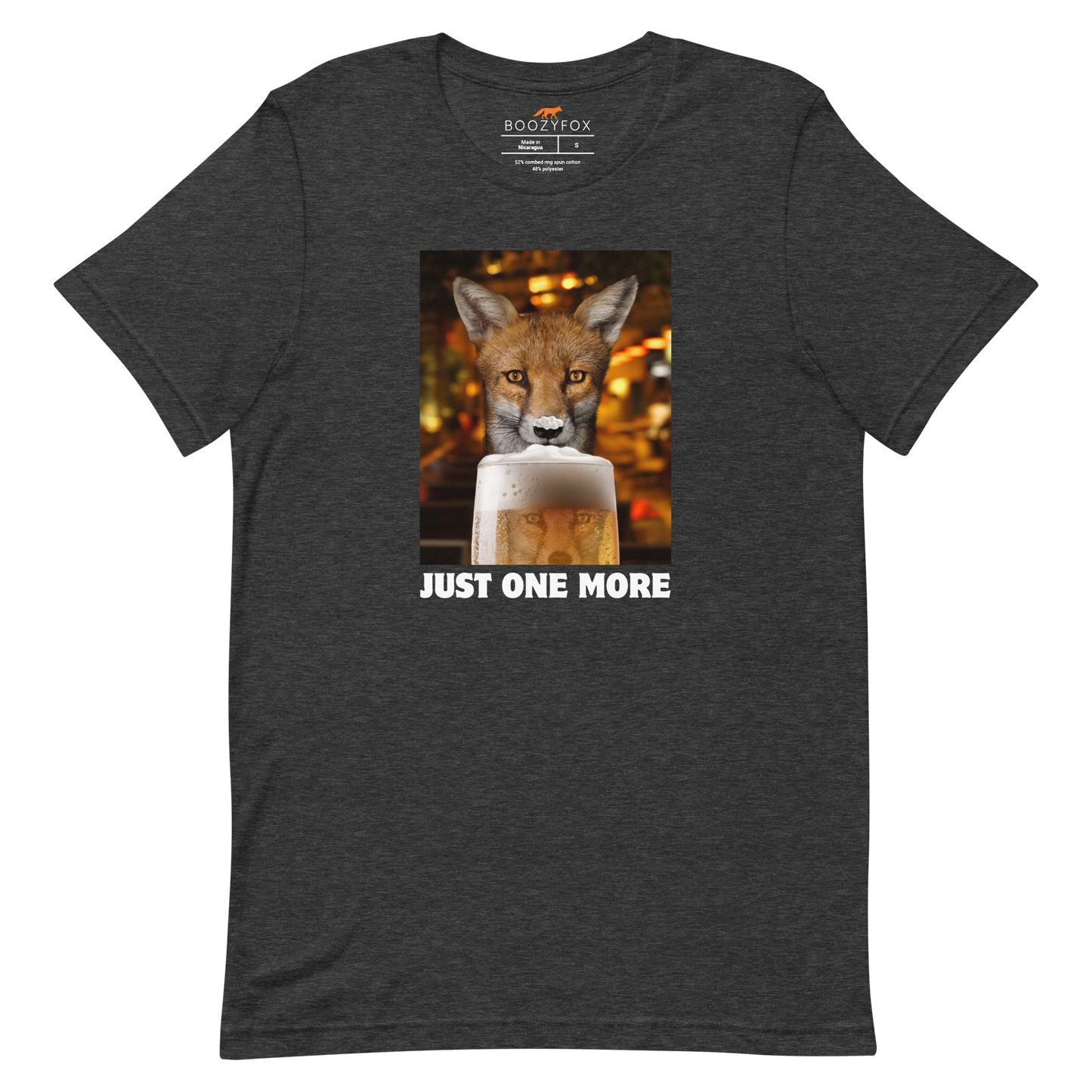 Funny Just One More Fox beer lightweight graphic t-shirt in dark grey heather by Boozy Fox