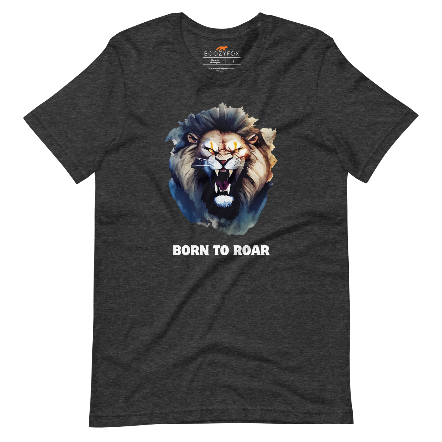 Funny Born to Roar Lion lightweight graphic tee in dark grey heather by Boozy Fox