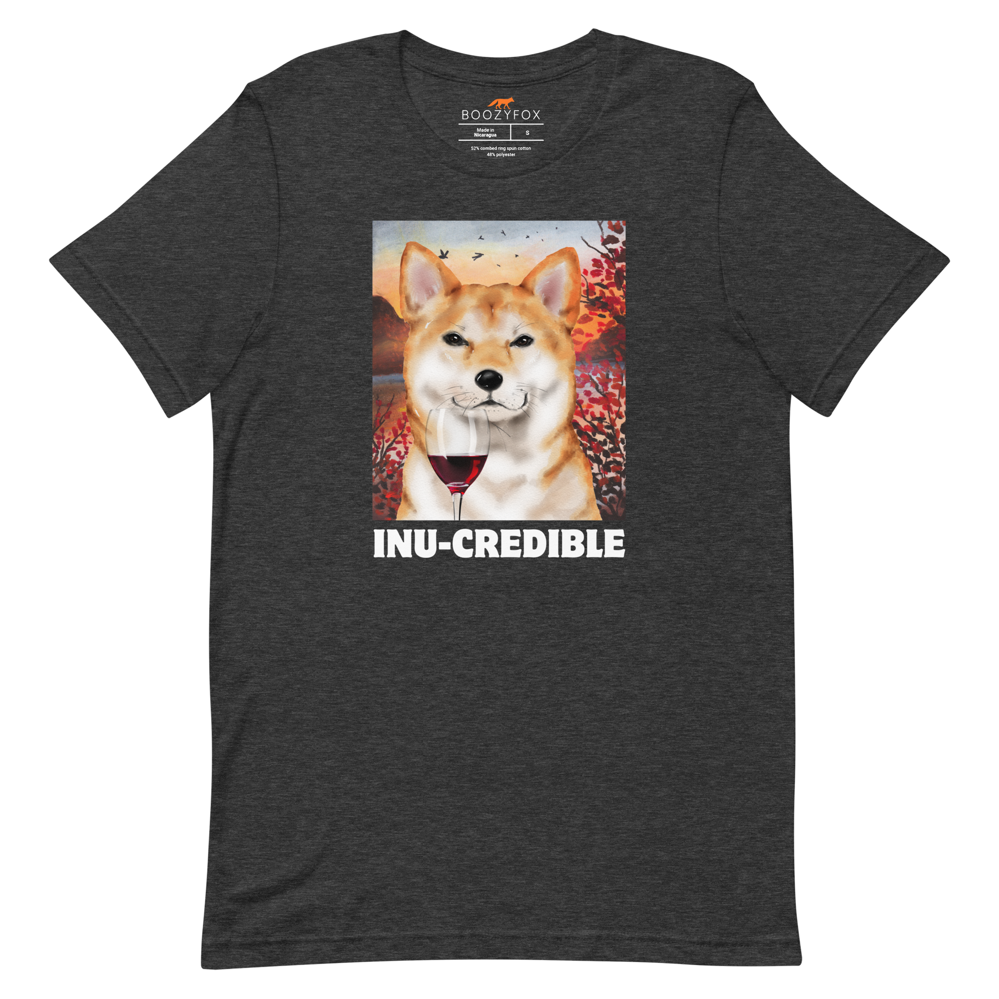 Funny Shiba Inu lightweight graphic tee in dark grey heather by Boozy Fox