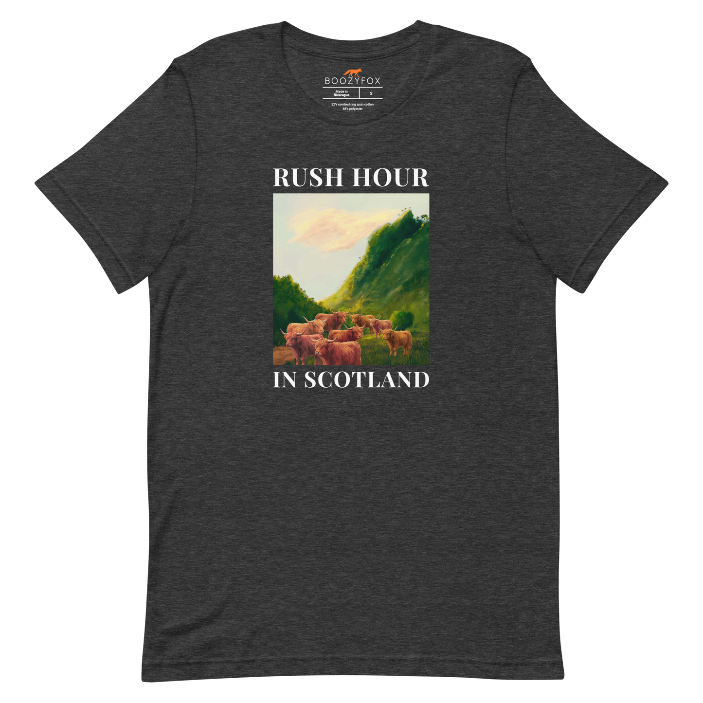Funny Highland Cow Rush Hour in Scotland lightweight graphic tee in dark grey heather by Boozy Fox