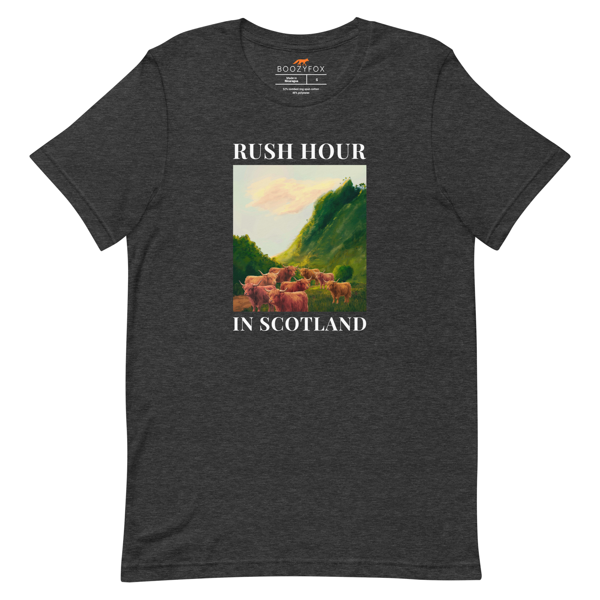 Funny Highland Cow Rush Hour in Scotland lightweight graphic tee in dark grey heather by Boozy Fox