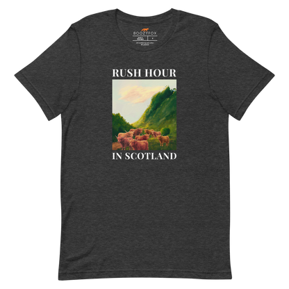 Funny Highland Cow Rush Hour in Scotland lightweight graphic tee in dark grey heather by Boozy Fox