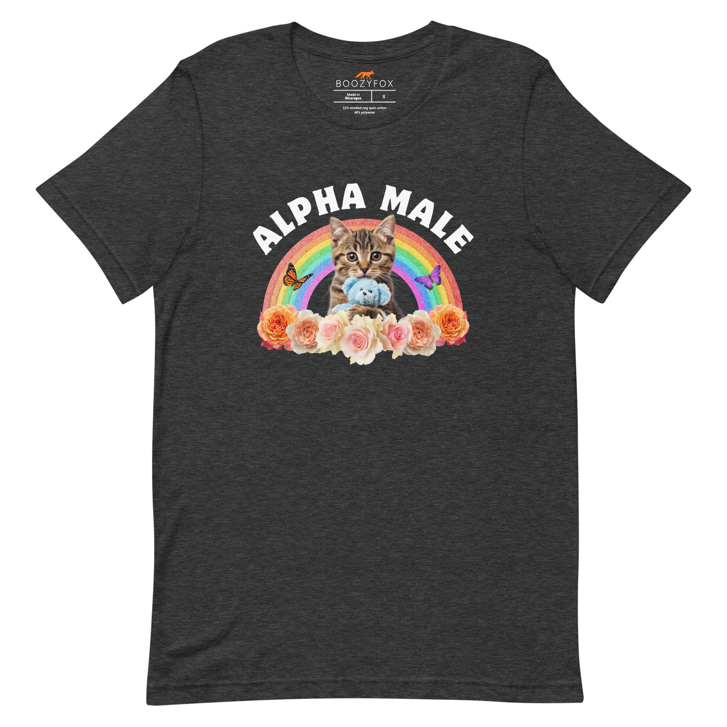 Funny Alpha Male Cat rainbow roses lightweight graphic t-shirt in dark grey heather by Boozy Fox