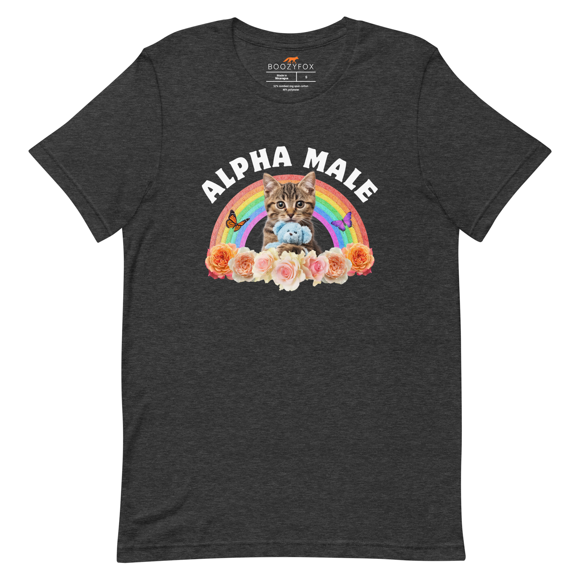 Funny Alpha Male Cat rainbow roses lightweight graphic t-shirt in dark grey heather by Boozy Fox