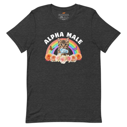 Funny Alpha Male Cat rainbow roses lightweight graphic t-shirt in dark grey heather by Boozy Fox