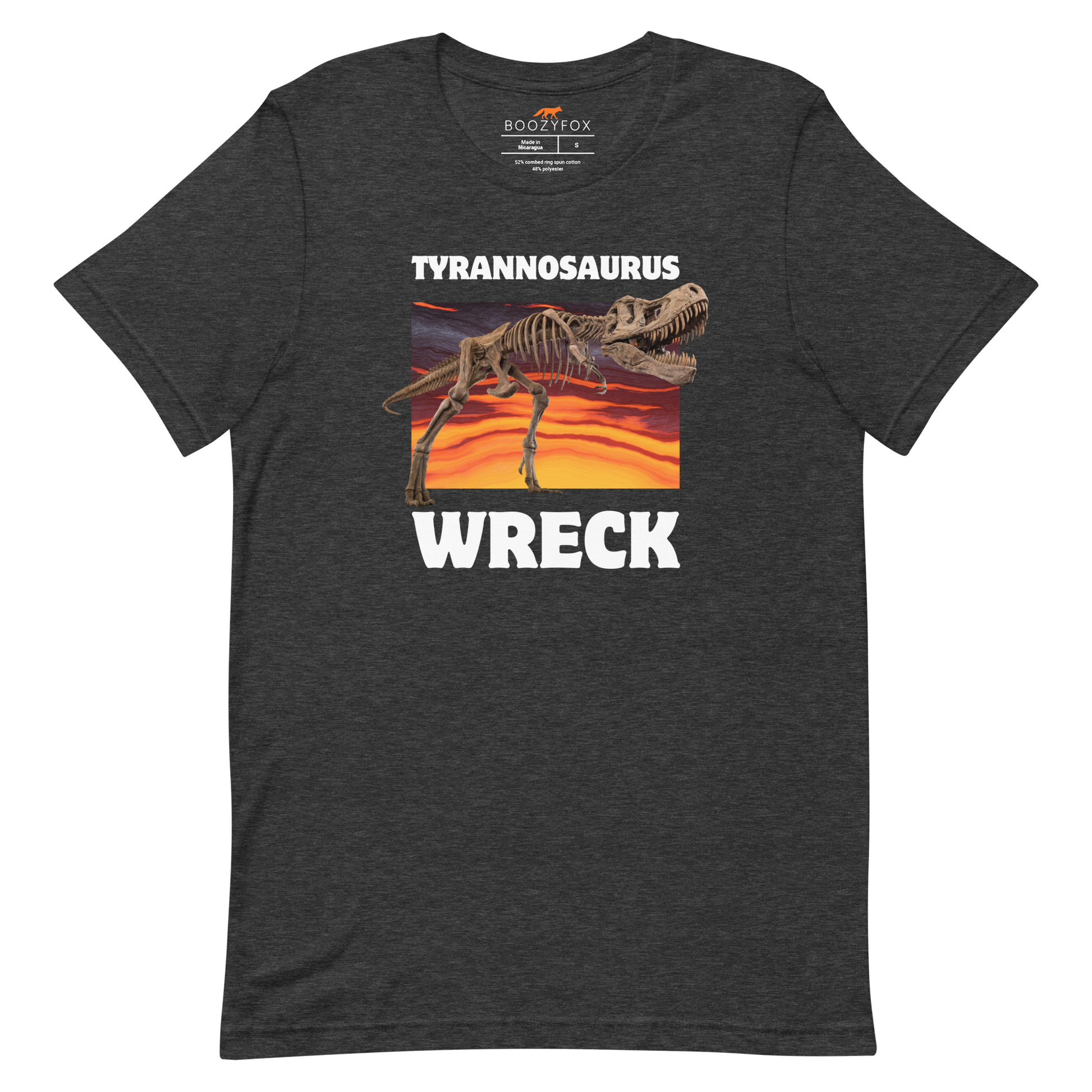 Funny Tyrannosaurus Wreck T-Rex Dinosaur lightweight graphic t-shirt in dark grey heather by Boozy Fox