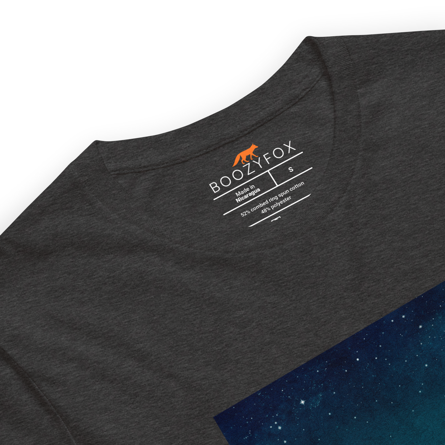 Product details of a Dark Grey Heather Premium Whale T-Shirt featuring a majestic Whale Under The Moon graphic on the chest - Cool Graphic Whale Tees - Boozy Fox