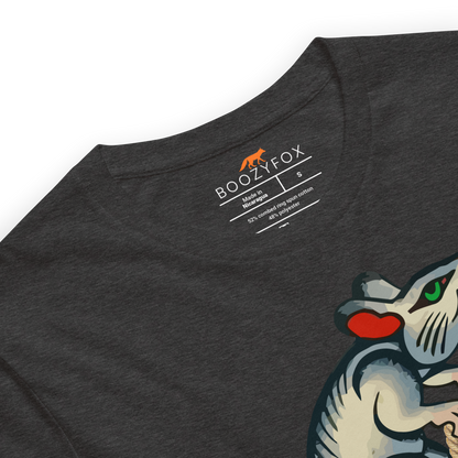 Product details of a Dark Grey Heather Premium Rat T-Shirt featuring a hilarious Cheese The Day graphic on the chest - Funny Graphic Rat Tees - Boozy Fox