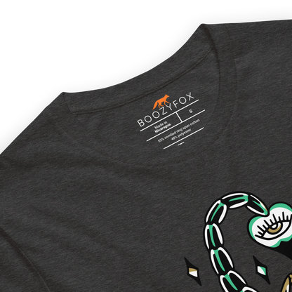 Product details of a Dark Grey Heather Premium Scorpion Tee featuring The Sting Queen graphic on the chest - Cool Graphic Scorpion Tees - Boozy Fox