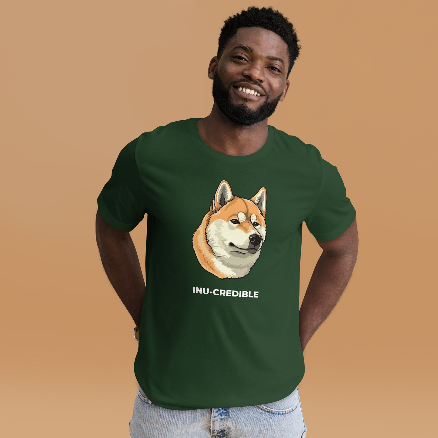 Smiling man wearing a Forest Green Premium Shiba Inu T-Shirt featuring the Inu-Credible graphic on the chest - Funny Graphic Shiba Inu Tees - Boozy Fox