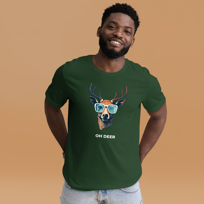 Smiling man wearing a Forest Green Premium Deer T-Shirt featuring a hilarious Oh Deer graphic on the chest - Funny Graphic Deer Tees - Boozy Fox