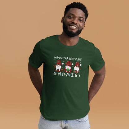 Smiling man wearing a Forest Green Premium Christmas Gnome Tee featuring a delight Hanging With My Gnomies graphic on the chest - Funny Christmas Graphic Gnome Tees - Boozy Fox