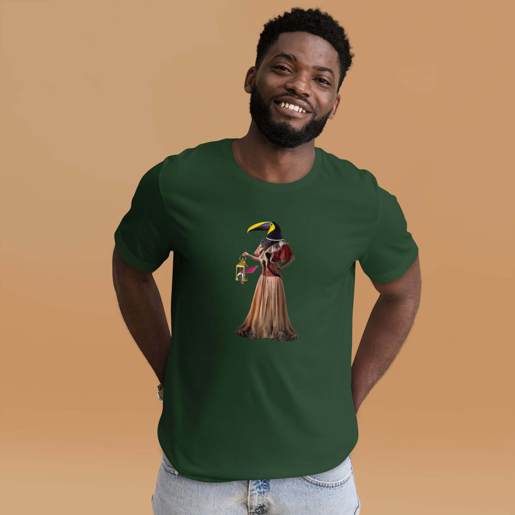 Smiling man wearing a Forest Green Premium Toucan T-Shirt featuring an Anthropomorphic Toucan graphic on the chest - Funny Graphic Toucan Tees - Boozy Fox
