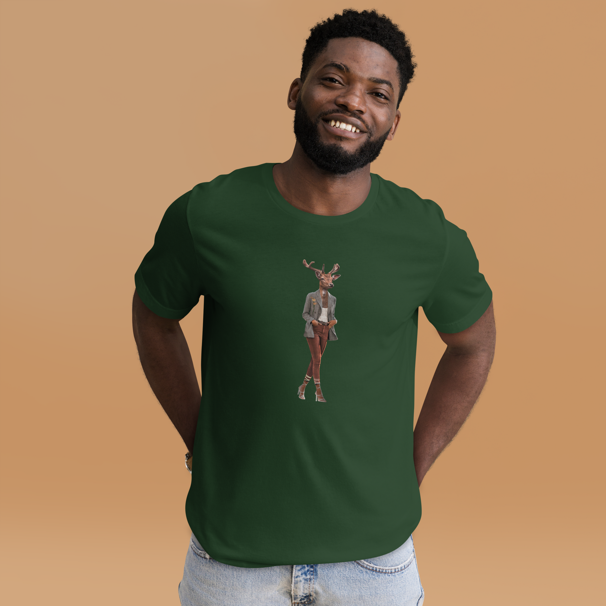 Smiling man wearing a Forest Green Premium Deer T-Shirt featuring an Anthropomorphic Deer graphic on the chest - Funny Graphic Deer Tees - Boozy Fox