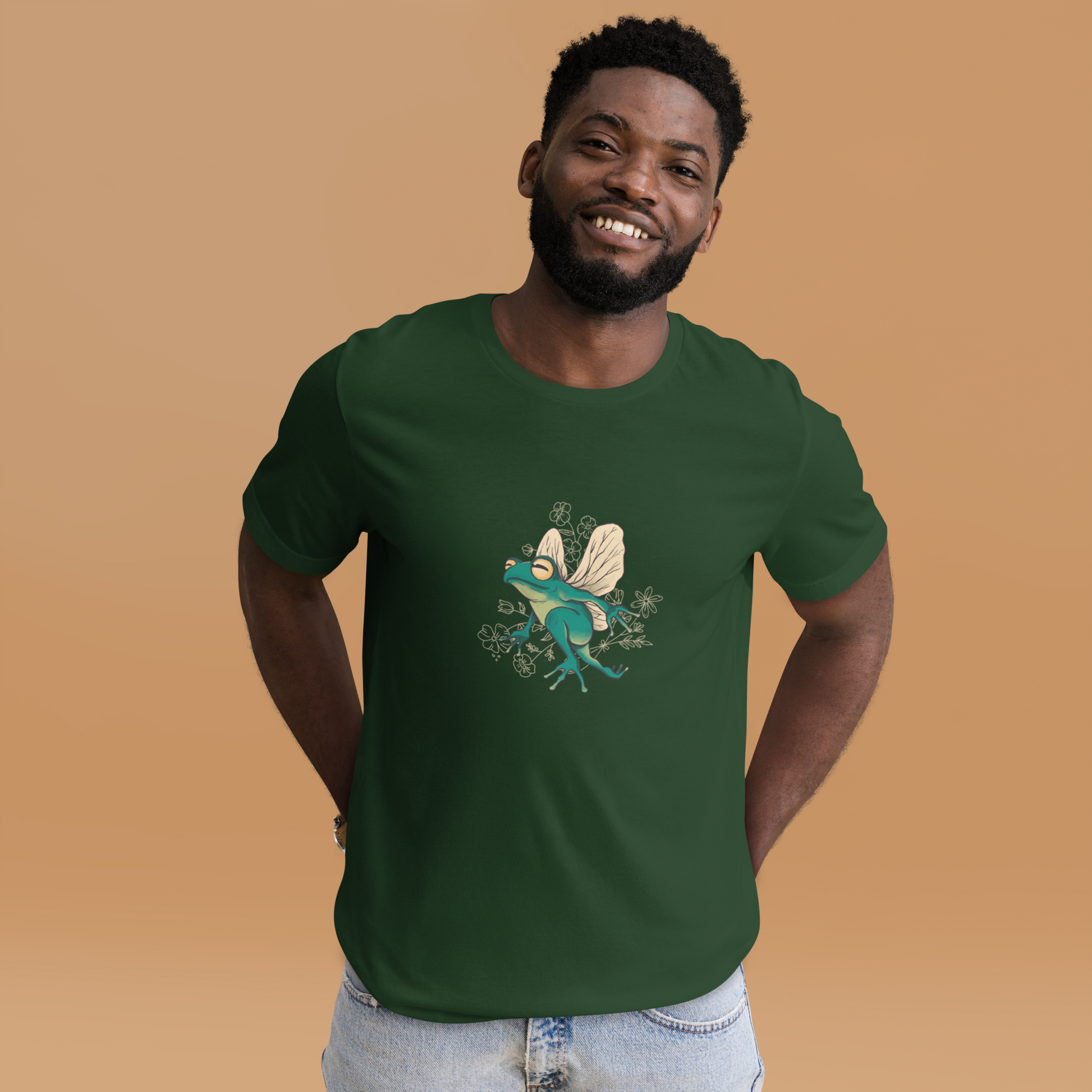 Smiling man wearing a Forest Green Premium Frog T-Shirt featuring an adorable Fairy Frog graphic on the chest - Funny Graphic Frog Tees - Boozy Fox