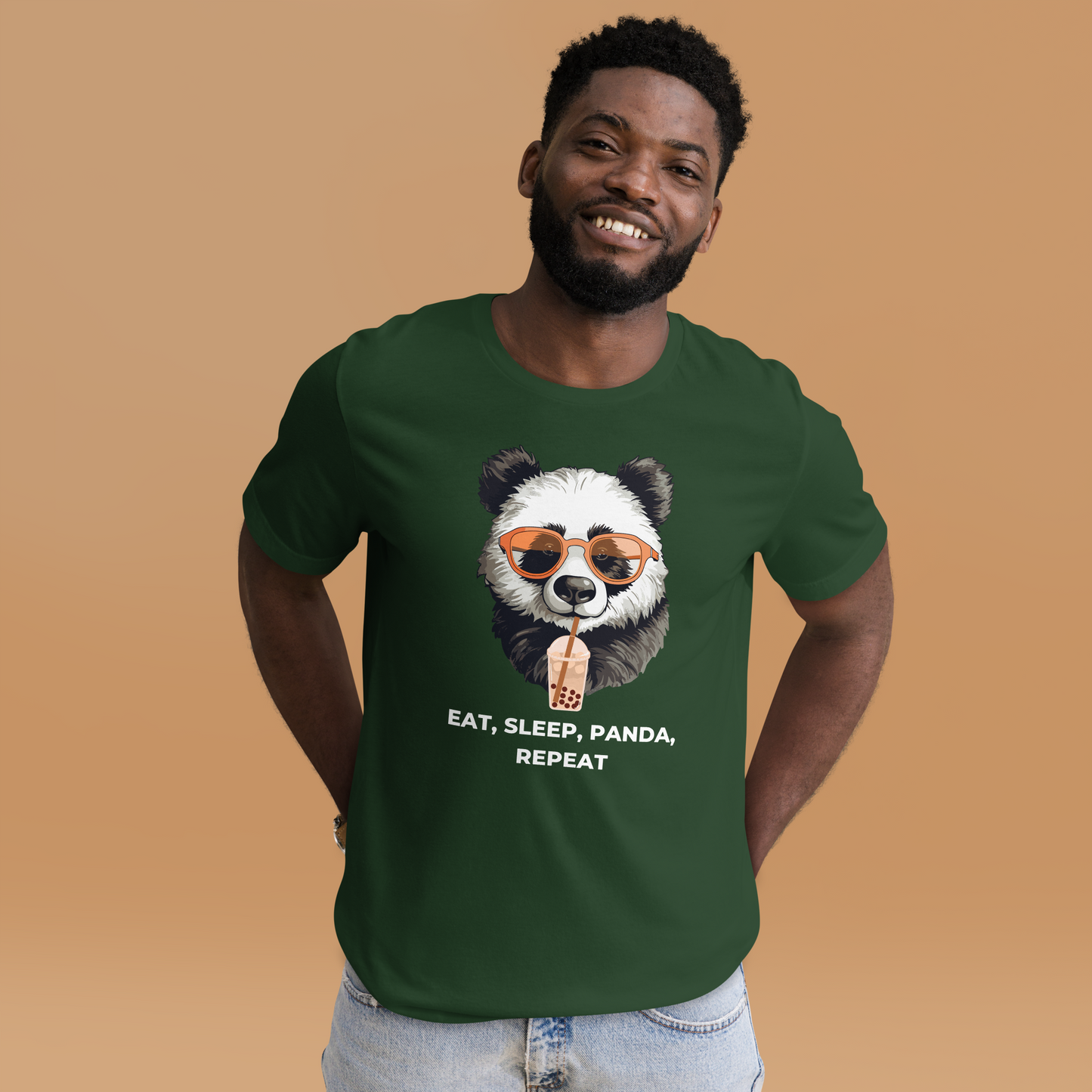 Smiling man wearing a Forest Green Premium Panda Tee featuring an adorable Eat, Sleep, Panda, Repeat graphic on the chest - Funny Graphic Panda Tees - Boozy Fox