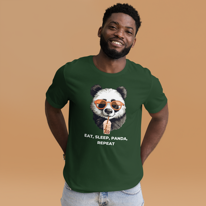 Smiling man wearing a Forest Green Premium Panda Tee featuring an adorable Eat, Sleep, Panda, Repeat graphic on the chest - Funny Graphic Panda Tees - Boozy Fox
