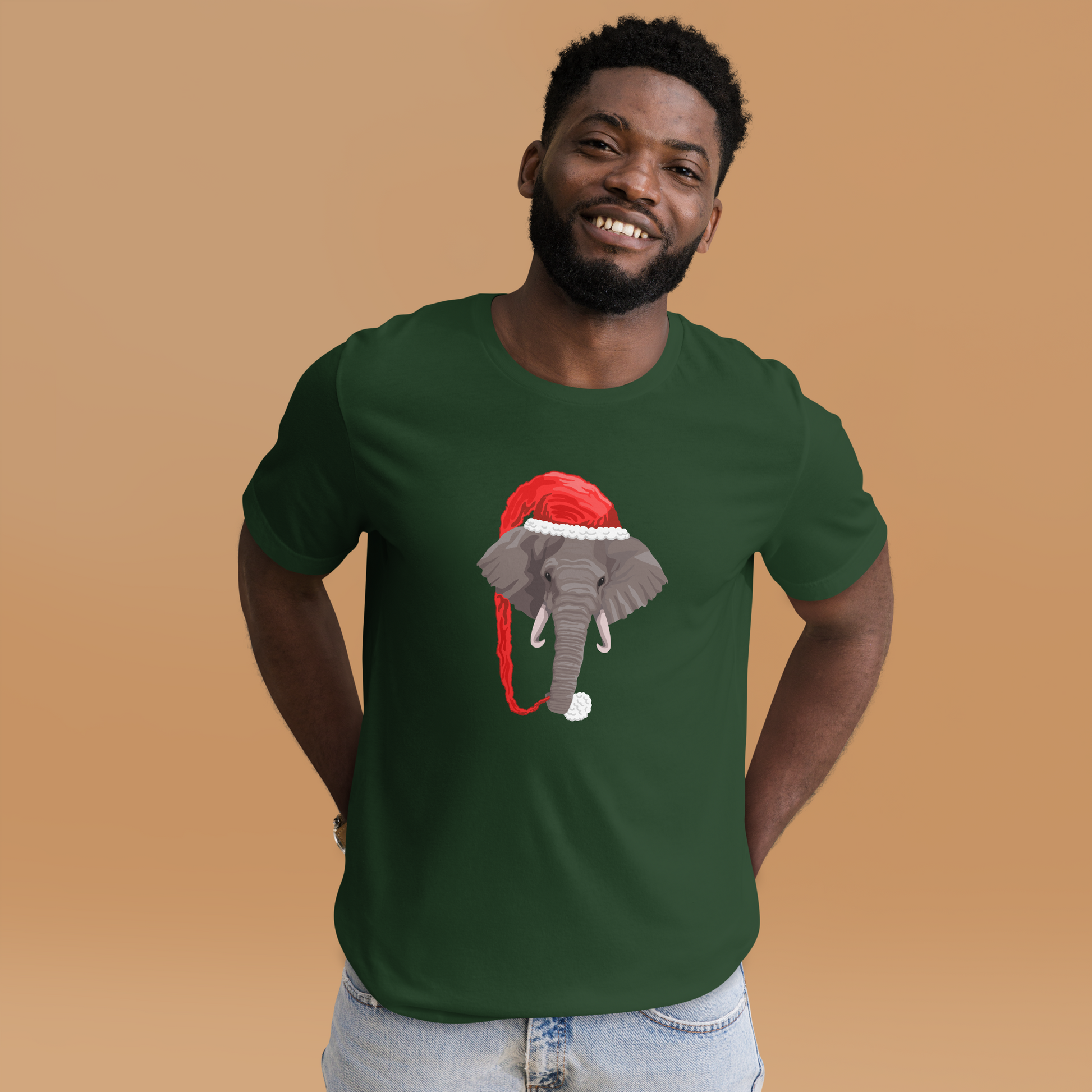 Smiling man wearing a Forest Green Christmas Elephant Tee - Boozy Fox