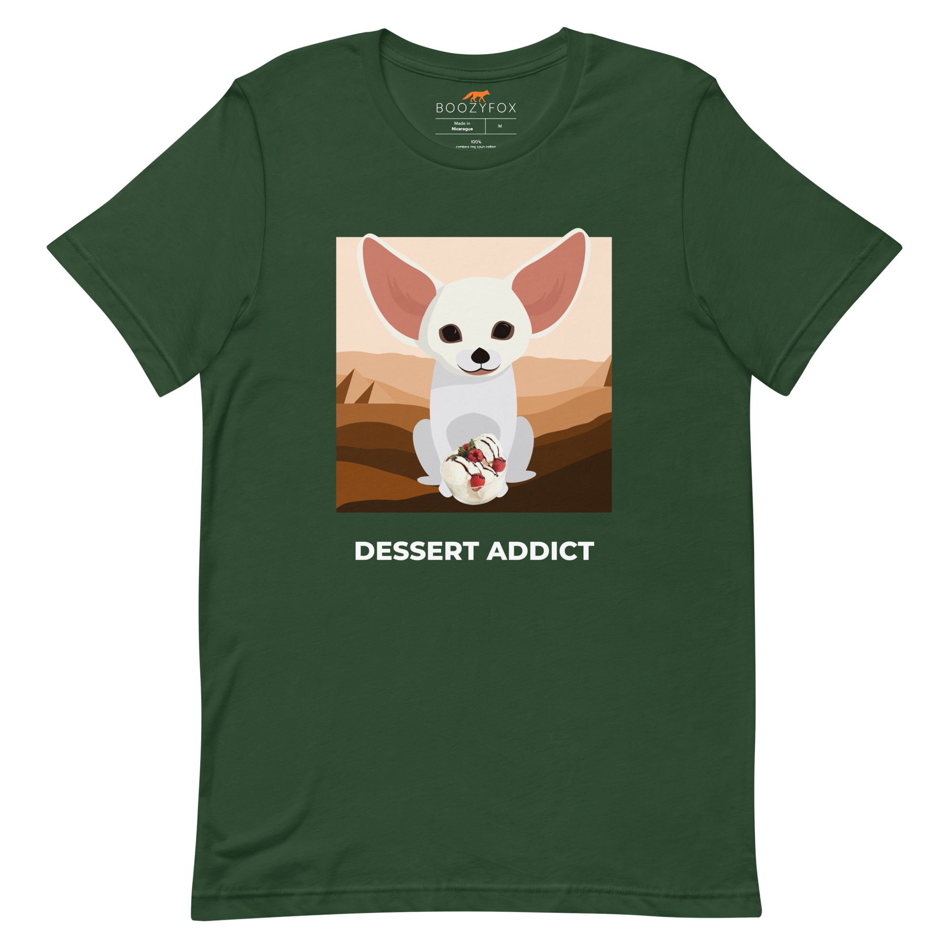 Forest Green Premium Fennec Fox T-Shirt featuring an adorable Dessert Addict graphic on the chest - Cute Graphic Fennec Fox Tees - Boozy Fox