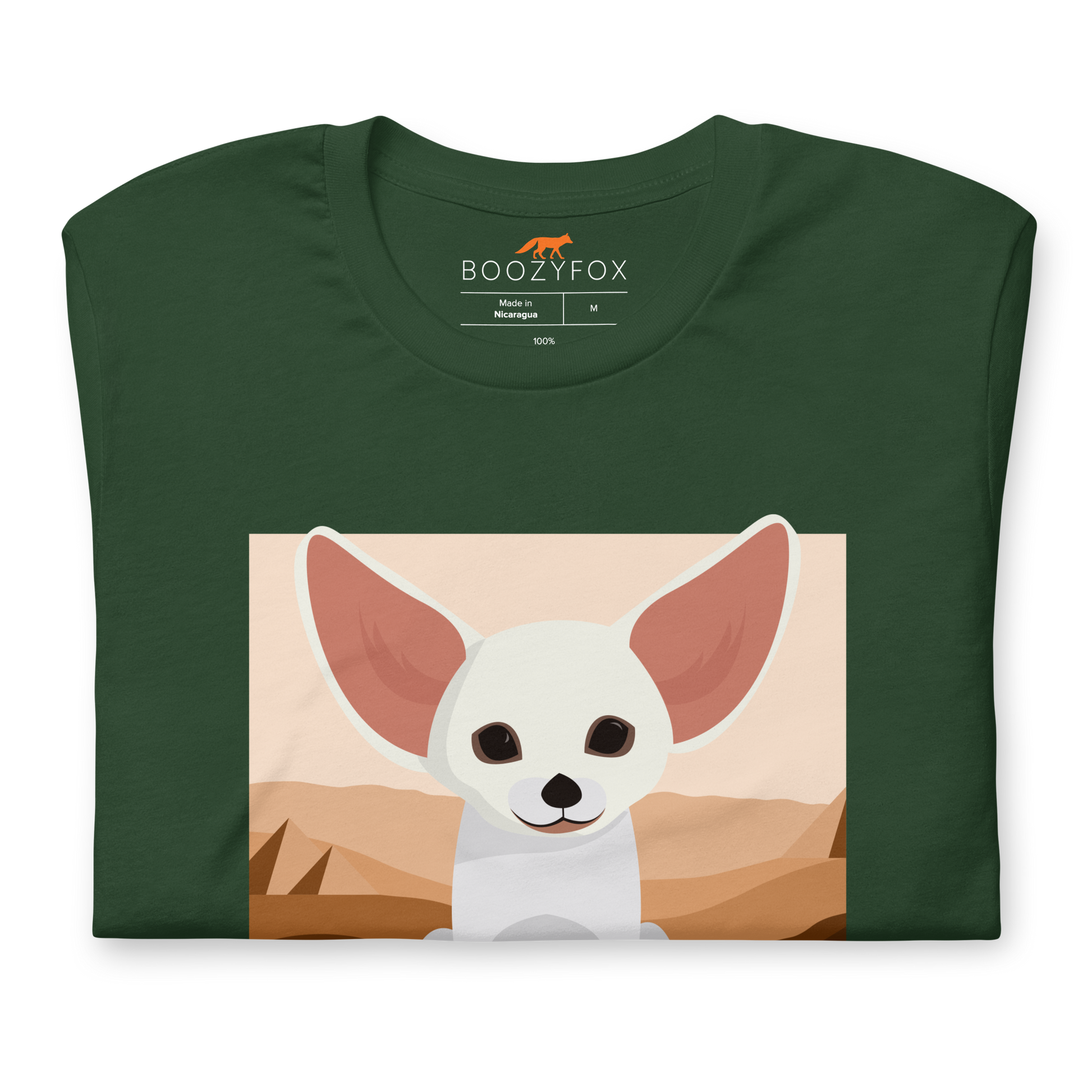Front Details of a Forest Green Premium Fennec Fox T-Shirt featuring an adorable Dessert Addict graphic on the chest - Cute Graphic Fennec Fox Tees - Boozy Fox